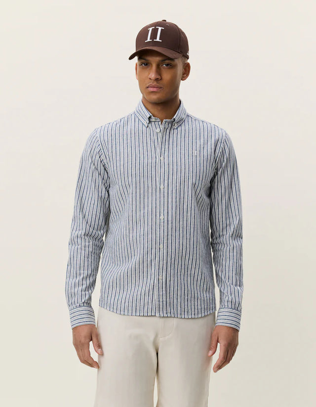 Les Deux Stripe Cotton-linen Shirt - Dark Denim Blue