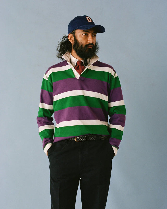 Drake's Stripe Cotton Rugby Shirt - Purple/Green/White