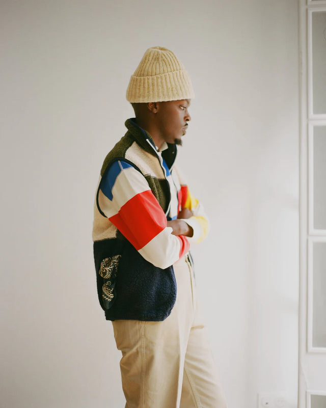 Drake's Boucle Wool Zip Fleece Vest - Ecru, Green and Navy