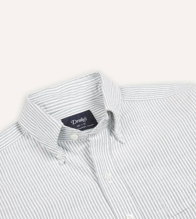 Drake's Ticking Stripe Cotton Oxford Cloth Button-Down Shirt - Green