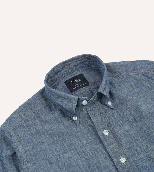 Drake's Cotton Chambray Button-Down Shirt - Blue