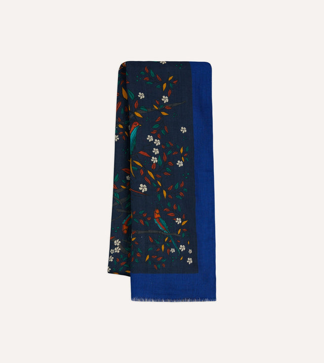 Drake's Birds of Paradise Print Wool Scarf - Navy