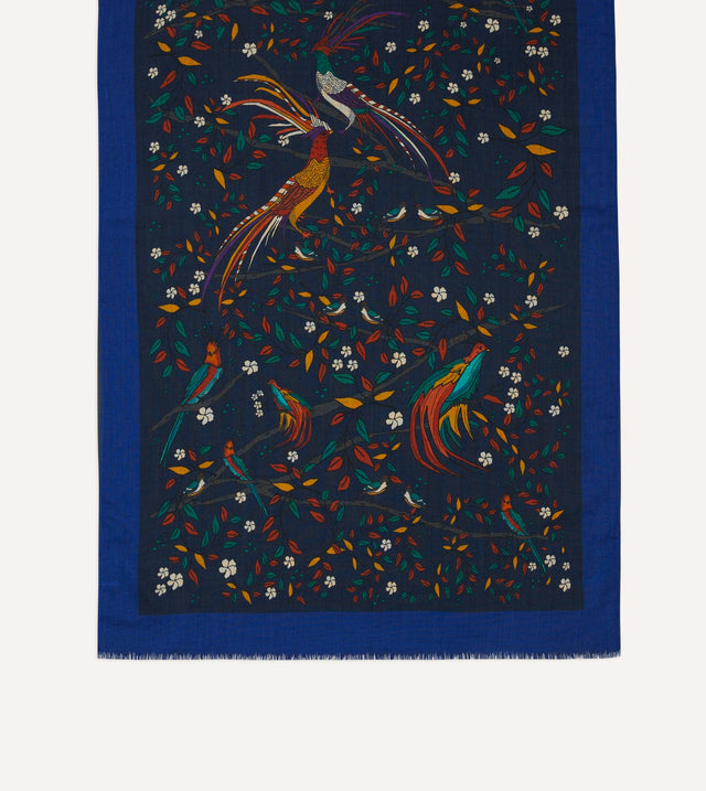 Drake's Birds of Paradise Print Wool Scarf - Navy