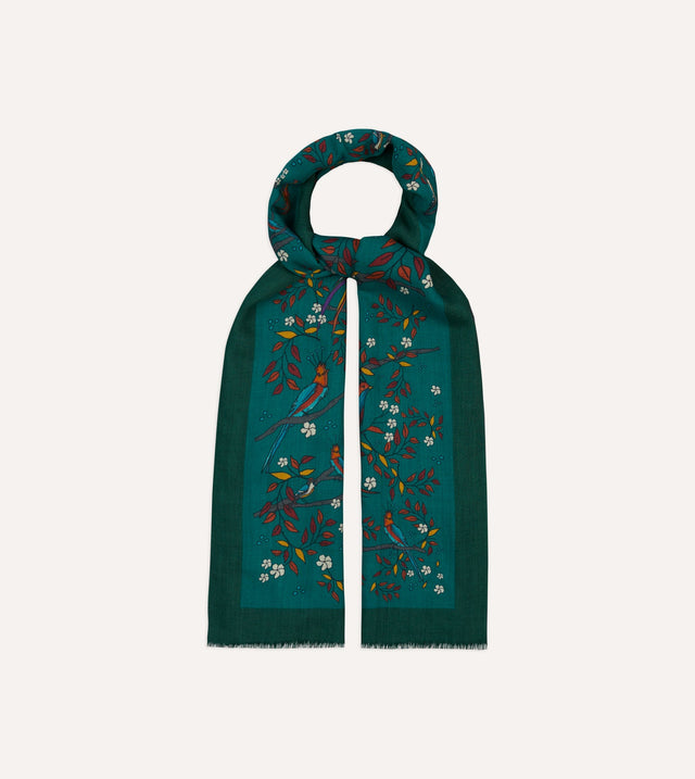 Drake's Birds of Paradise Print Wool Scarf - Green