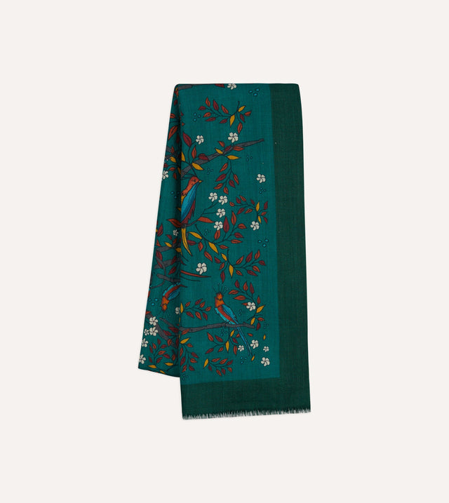 Drake's Birds of Paradise Print Wool Scarf - Green